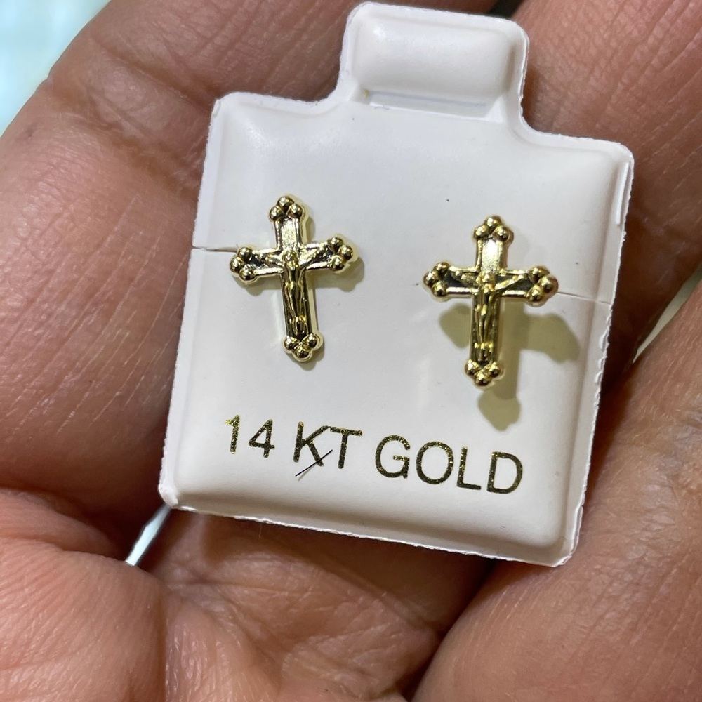 14k Solid Gold Religious Cross  Earring.Yellow